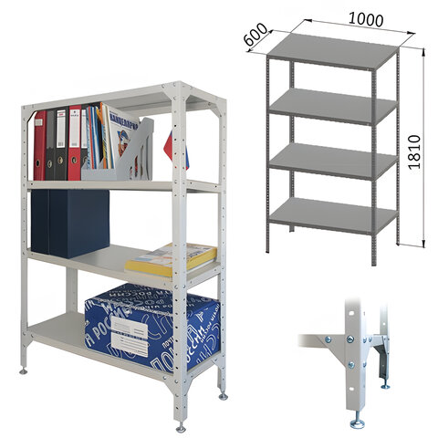Стеллаж металлический "УНИВЕРСАЛ", 1800х1000х600 мм, УСИЛЕННЫЕ СТОЙКИ, 4 полки, регулируемые опоры, 290350