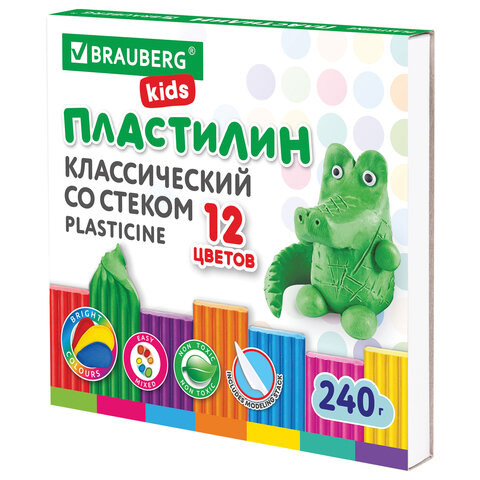 Пластилин классический BRAUBERG KIDS, 12 цветов, 240 г, стек, ВЫСШЕЕ КАЧЕСТВО, 106436