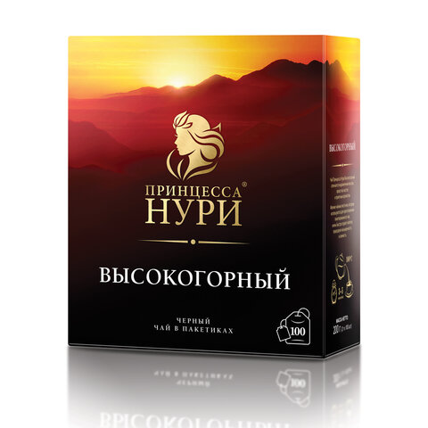 Чай ПРИНЦЕССА НУРИ "Высокогорный", черный, 100 пакетиков по 2 г, 0201-18-А6