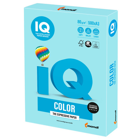 Бумага цветная IQ color БОЛЬШОЙ ФОРМАТ (297х420 мм), А3, 80 г/м2, 500 л., пастель, голубая, MB30