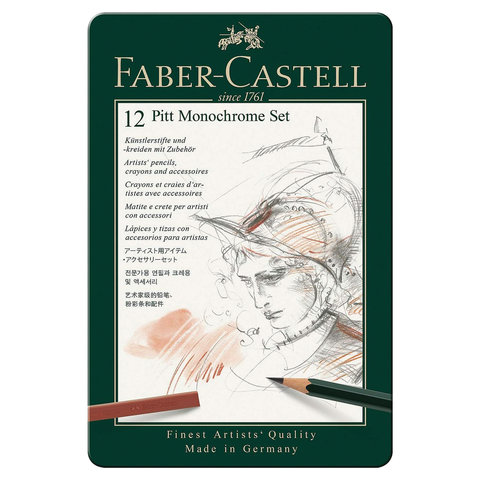 Набор художественный FABER-CASTELL "Pitt Monochrome", 12 предметов, металлическая коробка, 112975