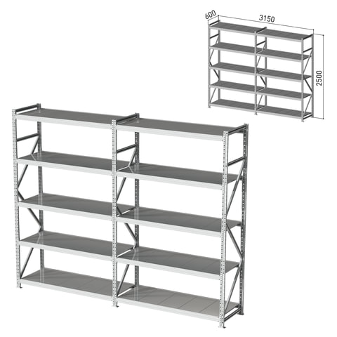 Стеллаж металлический (2 СЕКЦИИ) ПРАКТИК "MS Pro", 2500х3150х600 мм, (КОМПЛЕКТ)
