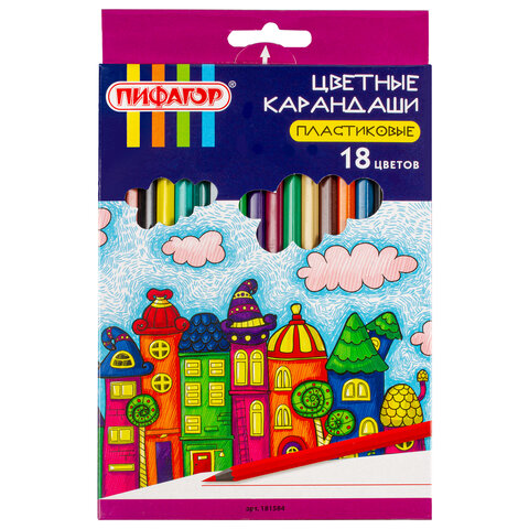 Карандаши цветные ПИФАГОР "СКАЗОЧНЫЙ ГОРОД", 18 цветов, черный пластик, заточенные, 181584